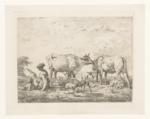 Spinster met kind en vogel zit tussen de koeien en geiten