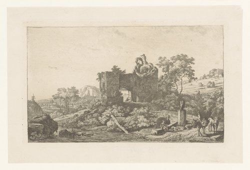 Landschap met ruïne van een poort en figuren
