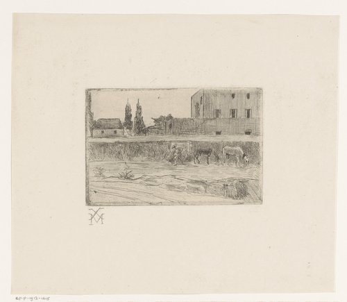 Landschap met bebouwing en een figuur aan het werk