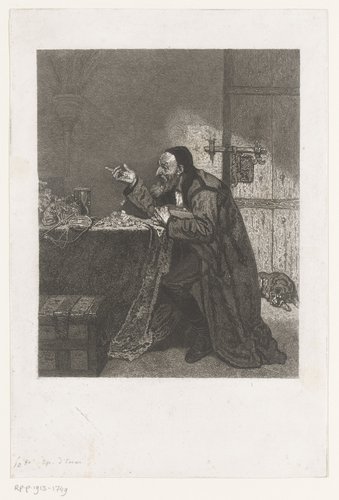 Oude man met een kist munten in een interieur