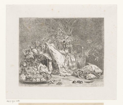 Stilleven van bloemen, vruchten en wild
