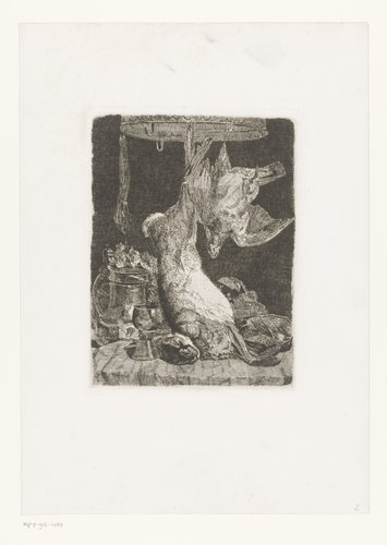 Stilleven met een haas en patrijs aan een wildkroon