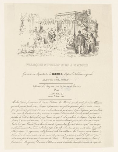 Aankondiging van prent met Frans I van Frankrijk als gevangene in Madrid