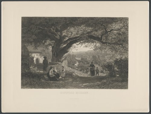 Dorpsgezicht met inwoners in zondagse kleding