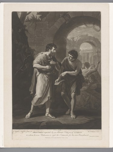 Aristides schrijft zijn naam op de scherf van een ongeletterde inwoner van Athene