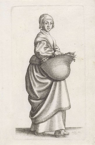 Engelse keukenmeid met mand aan de arm by Wenceslaus Hollar