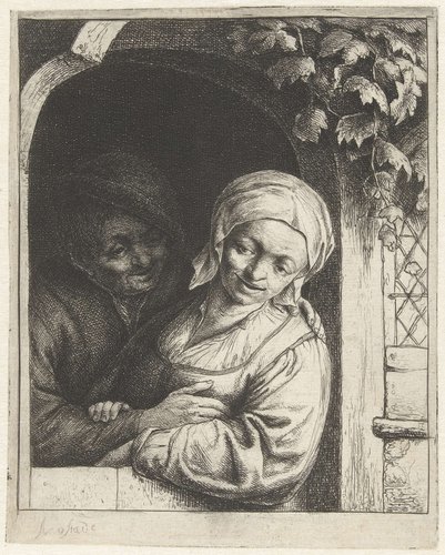 Boer en boerin als liefdespaar in deuropening by Adriaen van Ostade