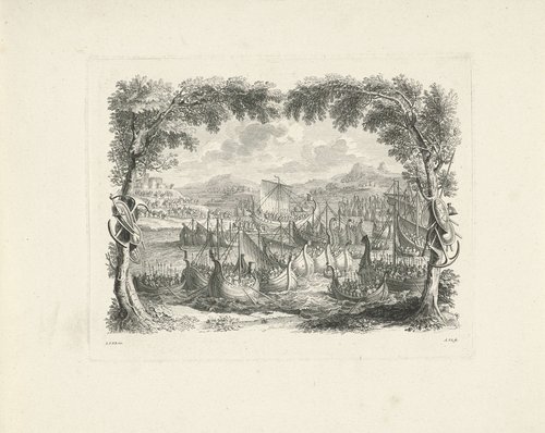 Schepen met soldaten op een rivier by Adolf van der Laan