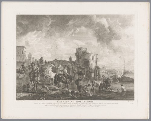Verschillende figuren en paarden bij het water voor een brug by Jean Moyreau