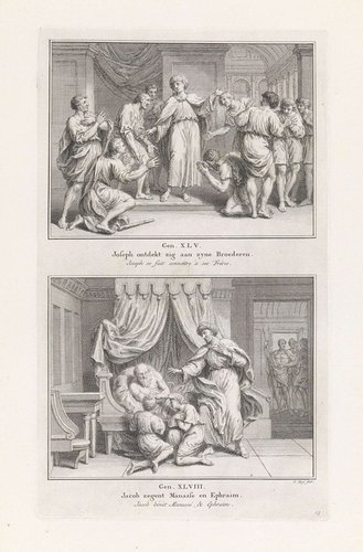 Joseph ontdekt zig aan zyne Broederen (...) / Jacob zegent Manasse en Ephraim (...)