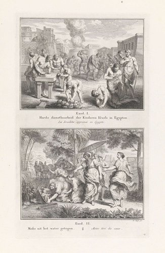 Harde dienstbaarheid der Kinderen Israëls in Egypten (...)/ Moses uit het water getogen (...)