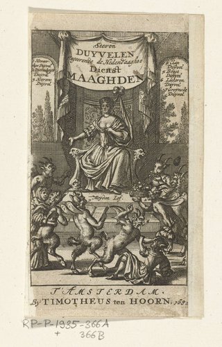 Titelpagina voor Simon de Vries, Seven Duyvelen regeerende en serveerende de Hedendaeghsche Dienstmaegden, Amsterdam, 1682