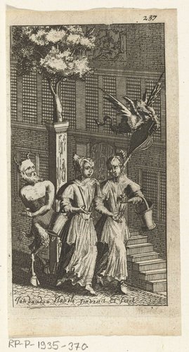 Titelpagina voor Simon de Vries, Seven Duyvelen regeerende en serveerende de Hedendaeghsche Dienstmaegden, Amsterdam, 1682