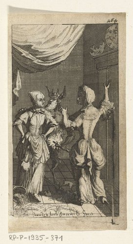 Boekillustratie voor Simon de Vries, Seven Duyvelen regeerende en serveerende de Hedendaeghsche Dienstmaegden, Amsterdam, 1682
