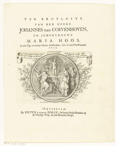 Titelpagina voor Ter bruylofte van den heere Johannes van Coevenhoven en jongkvrouwe Maria Hoos, Amsterdam, 1723