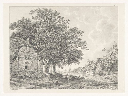 Landschap met boerderijen en schuren