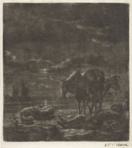 Nachtlandschap met slapende herder en vee