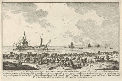 Gezigt van 't Fransch Fregat La Félicité, Kapt. Denel, ter Hoogte van 's Gravezand op Strand gejaagd, door 't Engelsch Fregat The Richmond, Kapt. Elphinston / Prospect of the French Frigat la Félicité (...) / Vuë de la Frégate Françoise la Félicité (...)