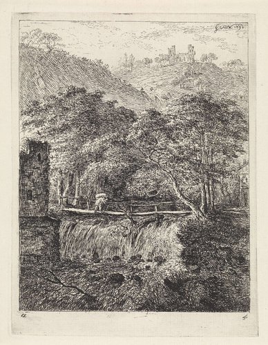 Man op een brug boven een waterval