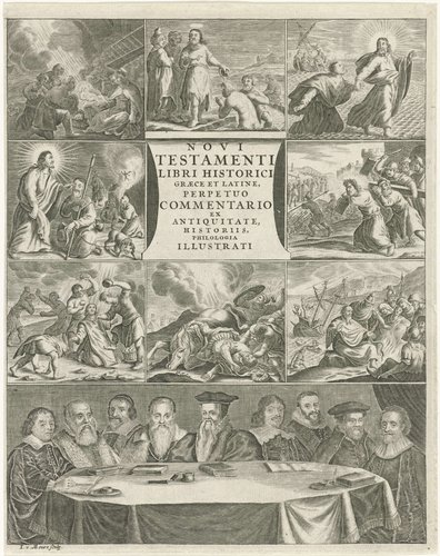 Voorstellingen uit het Nieuwe Testament en negen geleerden rond een tafel