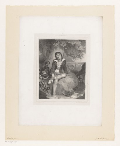 Jongen zittend op steen by Justus Adrianus Henricus Netscher