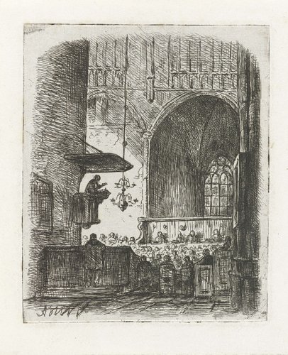 Kerkinterieur met kerkdienst