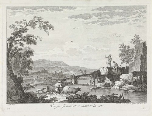 Landschap met vissers en herder met kudde bij rivier