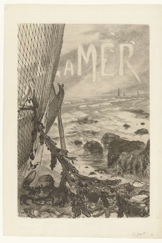 Omslag voor album La Mer met zeegezicht en vissersnet met zeewier op strand by Félix Bracquemond