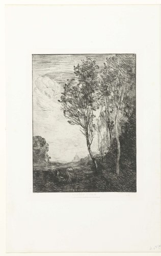 Italiaans landschap met bomen en kerk by Camille Corot