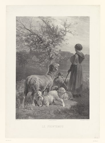 Herderin met schapen bij een boom