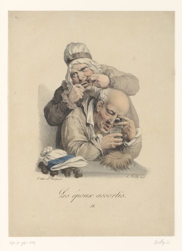 Karikatuur van een echtpaar met een kunstoog en kunstgebit