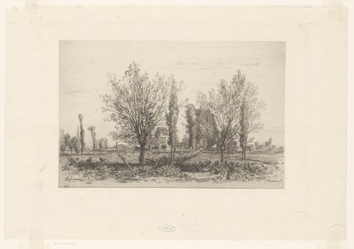 Landschap met weide en zicht op een stad