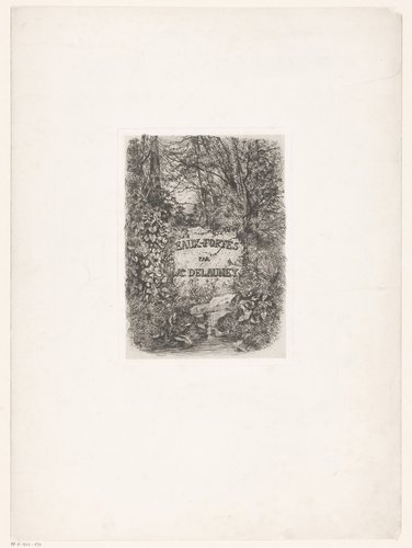 Titelprent met een begroeide steen met inscriptie in een boslandschap