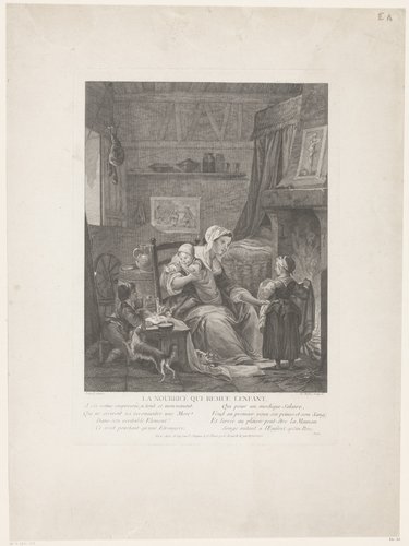 Interieur met min en kinderen aan het haardvuur