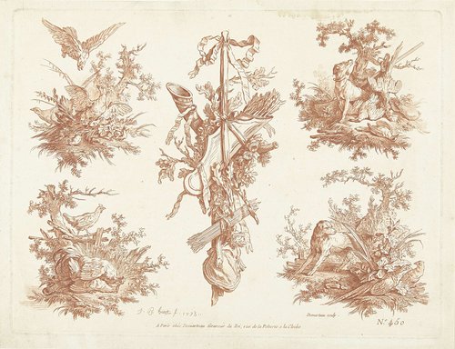 Studieblad met vijf vignetten met jachtmotieven