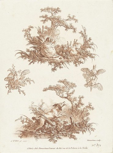 Twee voorstellingen, boven: ram en konijnen, onder: blaffende hond en eekhoorn