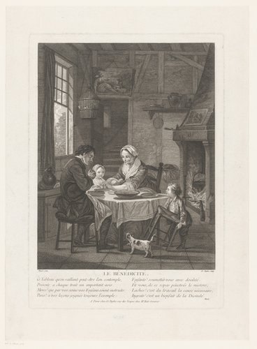 Interieur met gezin dat het eten zegent aan tafel
