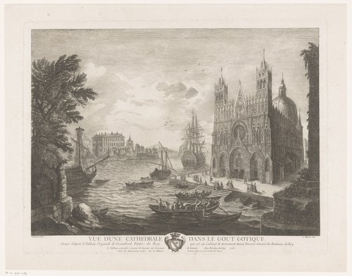 Gezicht op een kathedraal in een havenstad