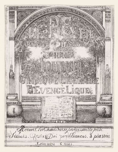 Titelprent met titel Le Réveil du Canada in omlijsting met architectuur ornamenten en opengeslagen bijbel by Rodolphe Bresdin