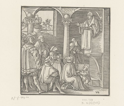 Martin Luther predikend in een kerk