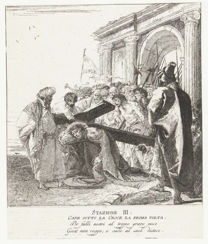 Christus bezwijkt onder kruis bij kruisdraging by Giovanni Domenico Tiepolo