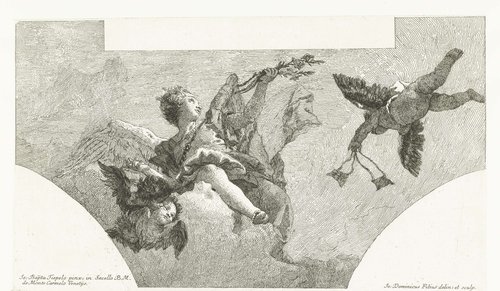 Engel met tros lelies en twee cherubijnen en putto met scapulier by Giovanni Domenico Tiepolo