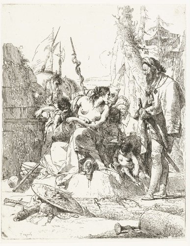 Vrouw met twee saterkinderen praat met man by Giovanni Battista Tiepolo