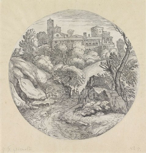 Landschap met twee ruiters en een kasteel by Giovanni Francesco Grimaldi