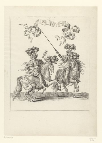 Steekspeler en bediende te paard in Romeins kostuum