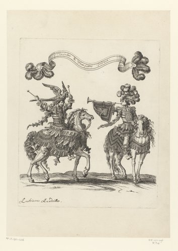 Trommelslager en trompettist te paard verkleed als Indianen