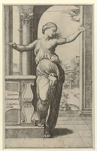 Lucretia staat op punt zichzelf te doden met dolk by Marcantonio Raimondi