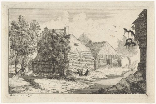 Twee boerenhuizen met een slapende man