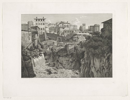 Gezicht op Tivoli, met de tempel van Vesta in de verte