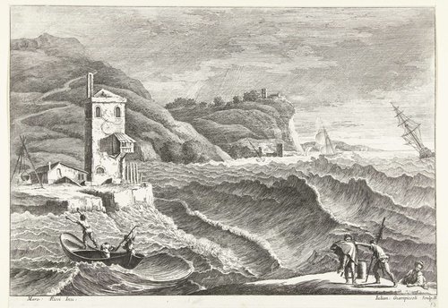 Kustlandschap met storm op zee en vuurbaken